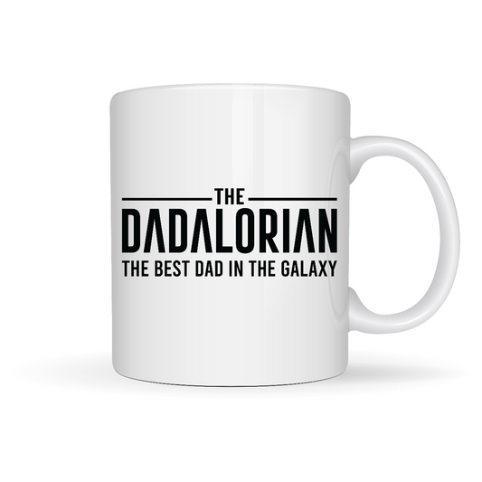 White mug with black text 'The Dadalorian: The Best Dad in the Galaxy' on a white background
