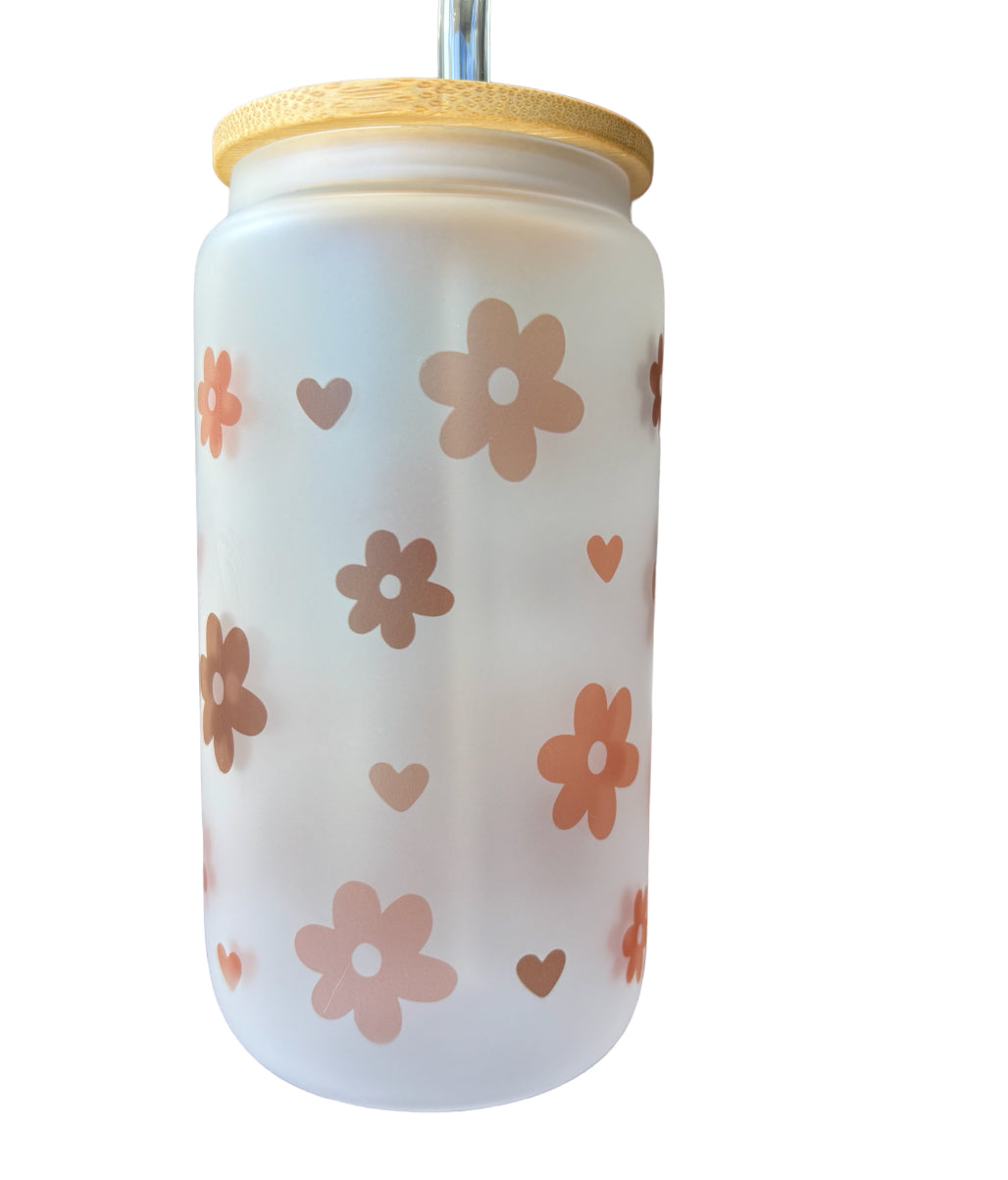 Flowers and Hearts Sublimated 16oz Frosted Libbey Glass Can with Bamboo Lid and reusable straw.
