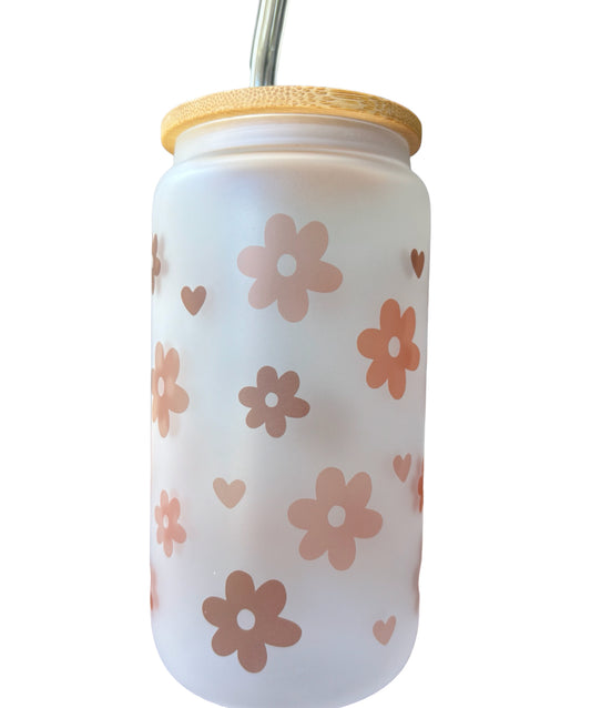 Flowers and Hearts Sublimated 16oz Frosted Libbey Glass Can with Bamboo Lid and reusable straw.