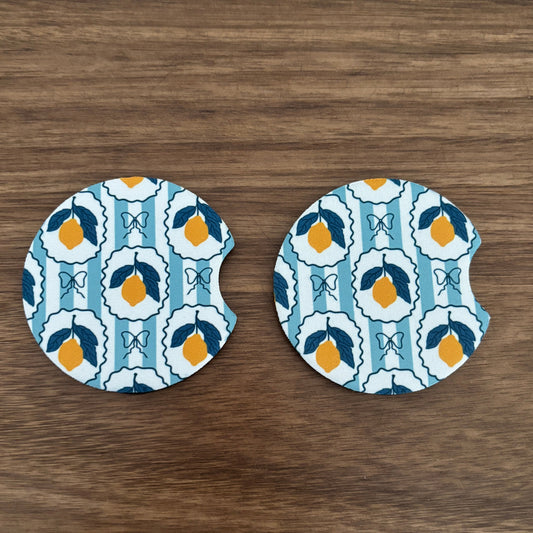 Car Coaster with lemons on blue striped background with bows
