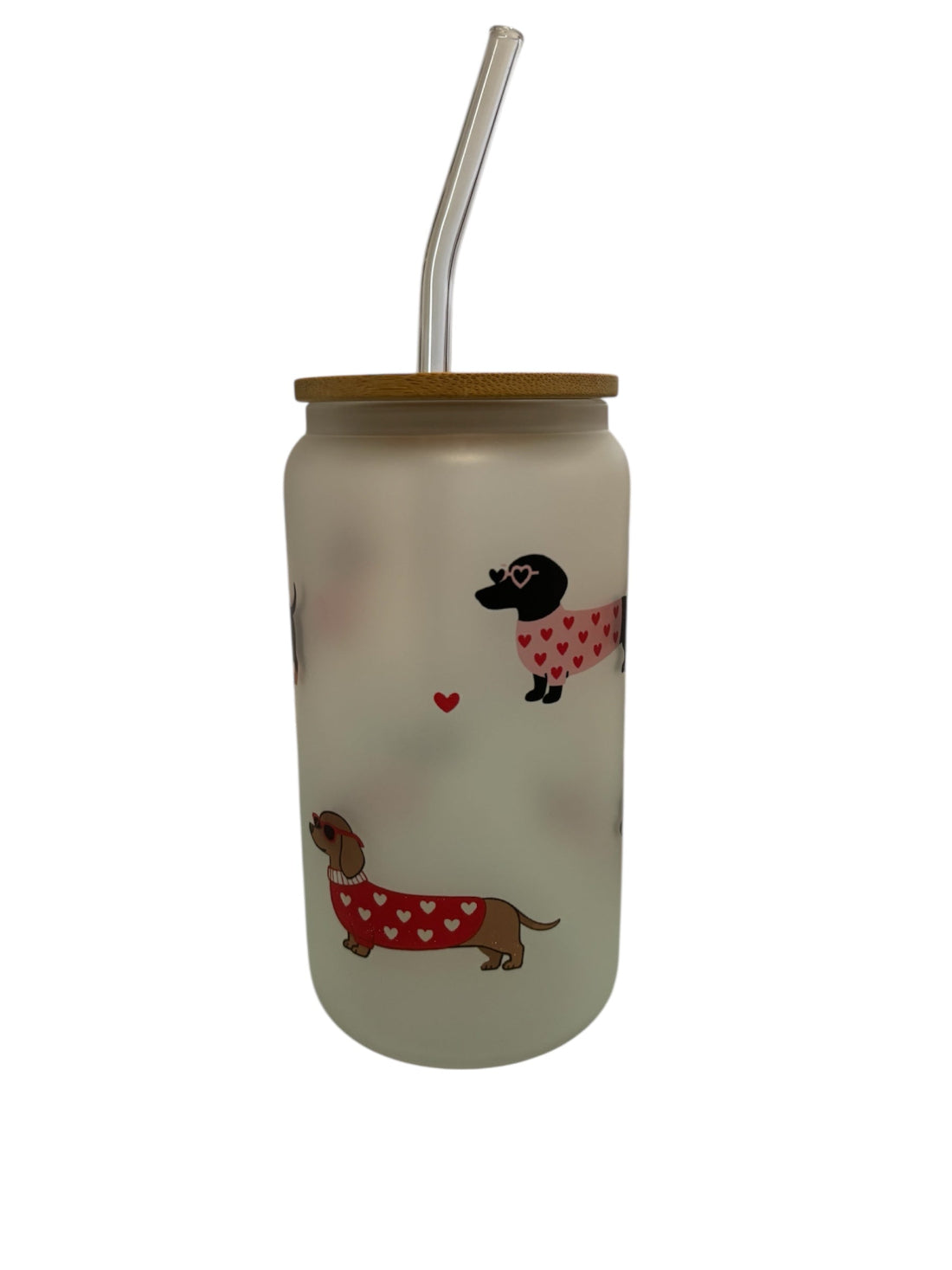 Sausage Dogs Sublimated 16oz Frosted Libbey Glass Can with Bamboo Lid and reusable straw.