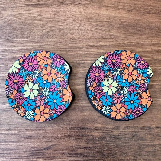 Variety of Flowers Floral Car Coasters Pack of 2, Cup Holder Coasters