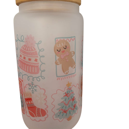Christmas Stamps Sublimated 16oz Frosted Libbey Glass Can with Bamboo Lid and reusable straw.