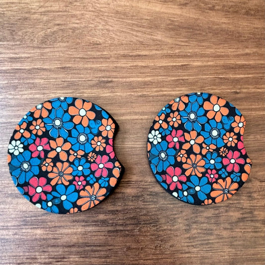 Flowers with Black Background Floral Car Coasters Pack of 2, Cup Holder Coasters