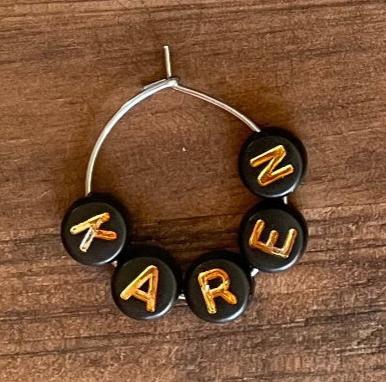 Black with Gold Letters Personalised Individual Silver or Gold Wine Glass Charm Rings with Letter Beads