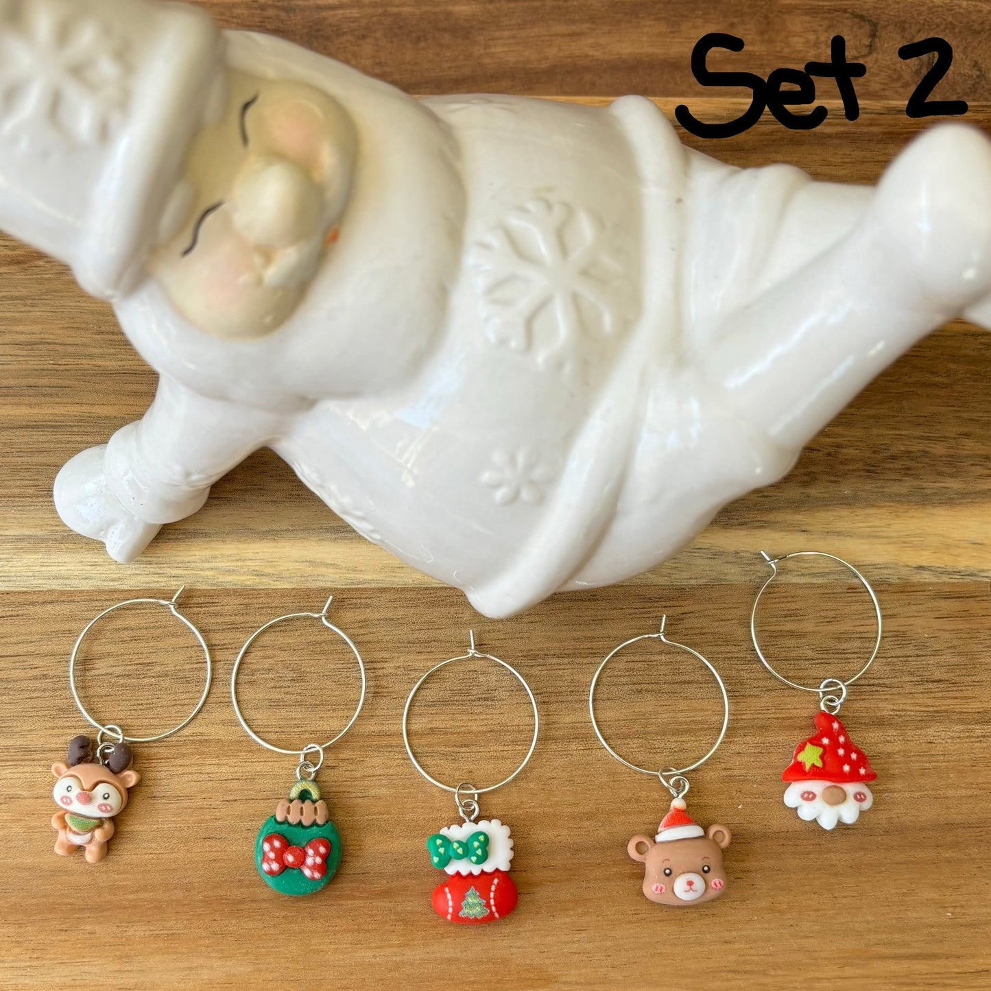 Christmas Silver 25mm Wine Glass Charm Rings with Resin Charms