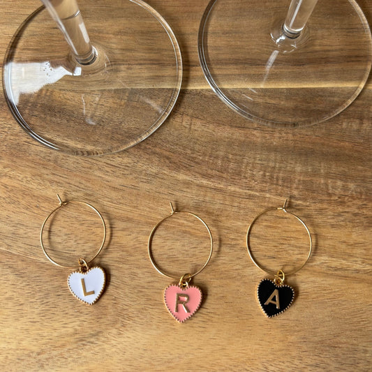 Personalise Gold Alphabet Heart Charm 25mm Wine Glass Charm Rings - Available 3 colours