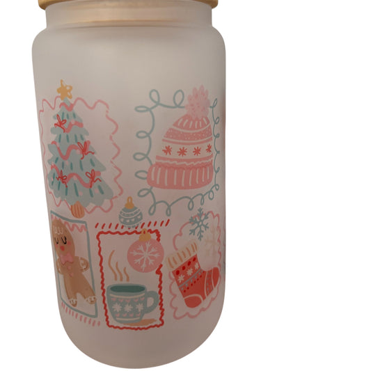 Christmas Stamps Sublimated 16oz Frosted Libbey Glass Can with Bamboo Lid and reusable straw.