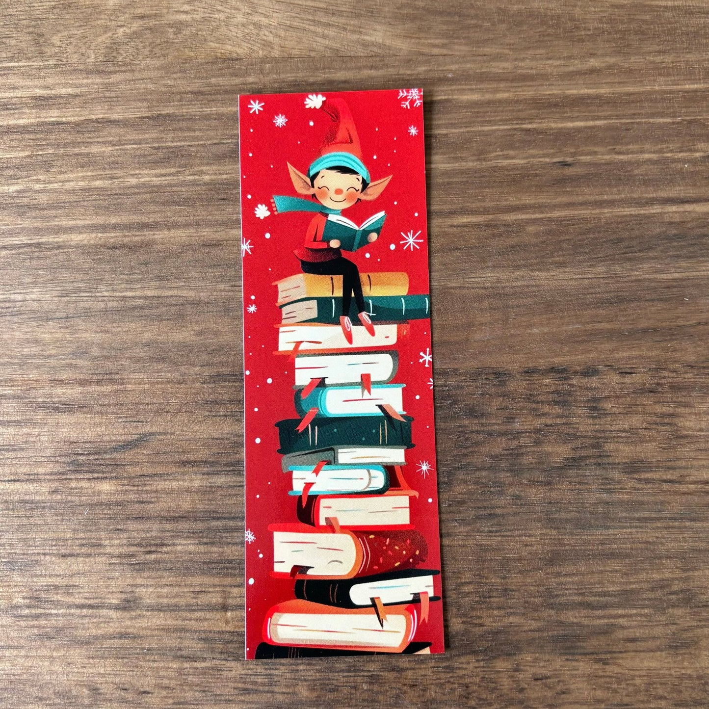 Elf on Book Stack Printed Bookmark