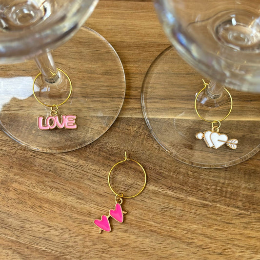 Love and Hearts Themed Gold 20mm Wine Glass Charm Rings