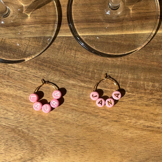 Pink with Gold or White Letters Personalise Individual Silver or Gold Wine Glass Charm Rings with Letter Beads
