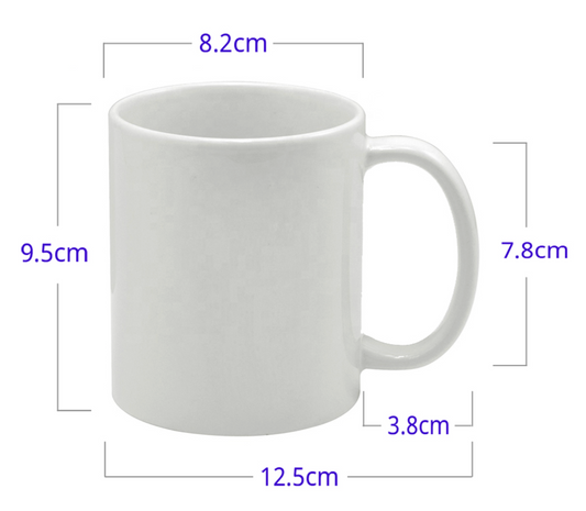 A white ceramic mug shown on a light gray background with purple dimension labels and measurement lines indicating height, width, and handle width.