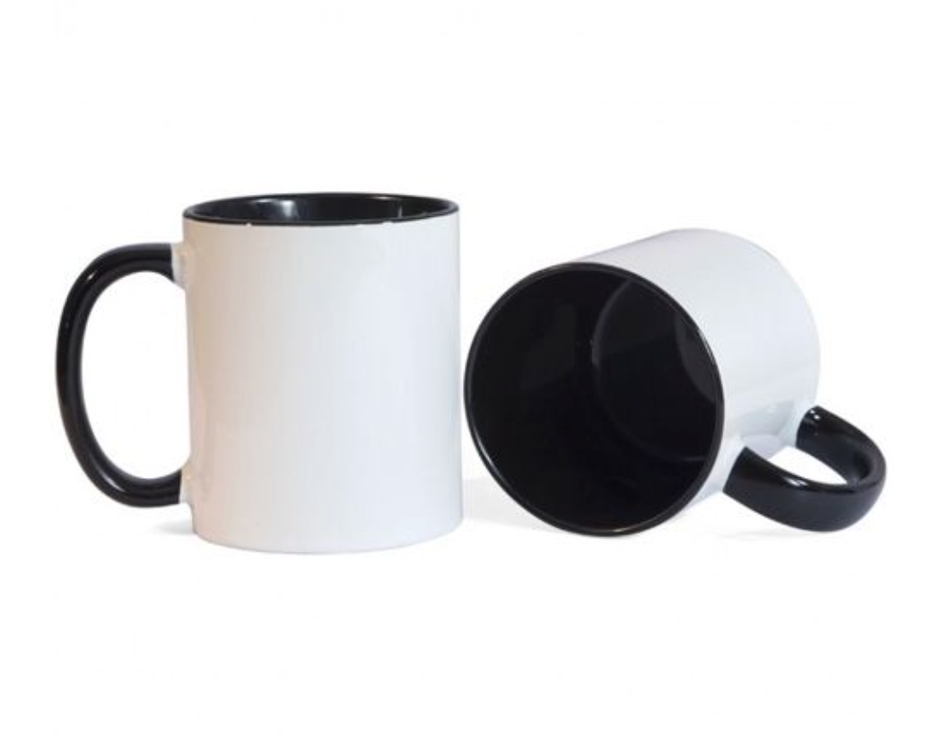 Two views of a ceramic mug on a white background: one standing upright showing a black handle and black interior, and one lying on its side showing the black interior and black handle.