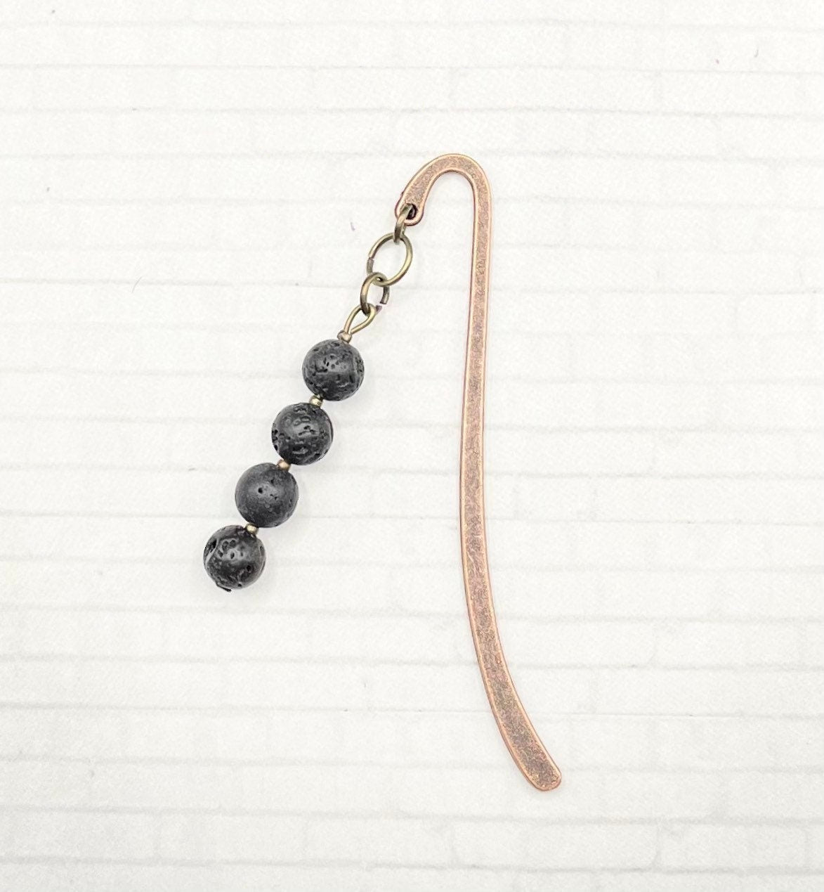Metal Hook Bookmarks with Black Lava Stone Beads - Brass or Gold