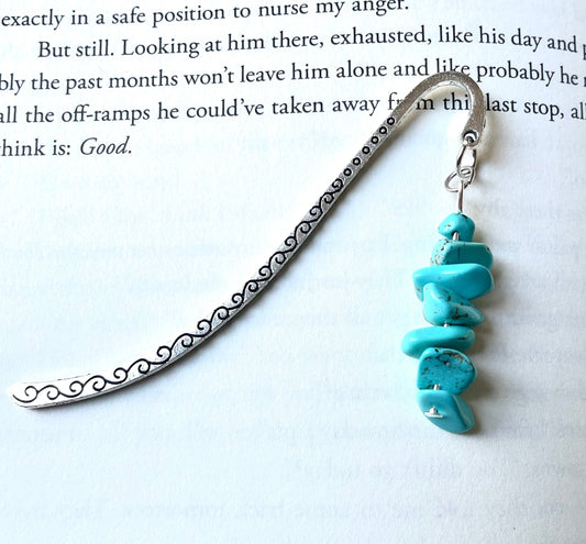 Tibetan Silver Engraved Hook Bookmark with Stone Beads