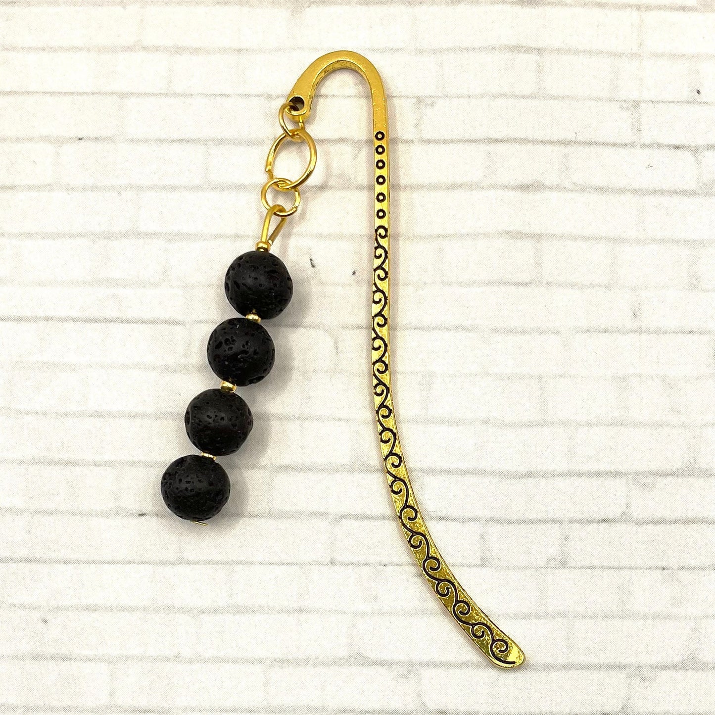 Metal Hook Bookmarks with Black Lava Stone Beads - Brass or Gold