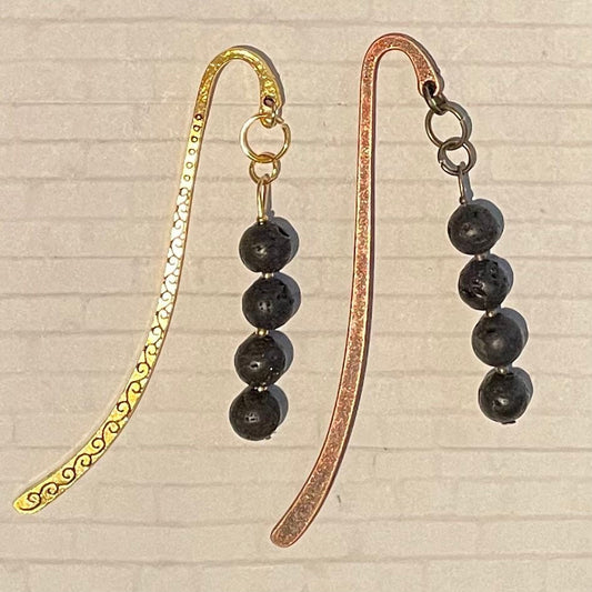 Metal Hook Bookmarks with Black Lava Stone Beads - Brass or Gold