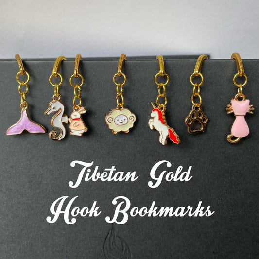 Tibetan Gold Engraved Hook Bookmark with Animal Gold Charms