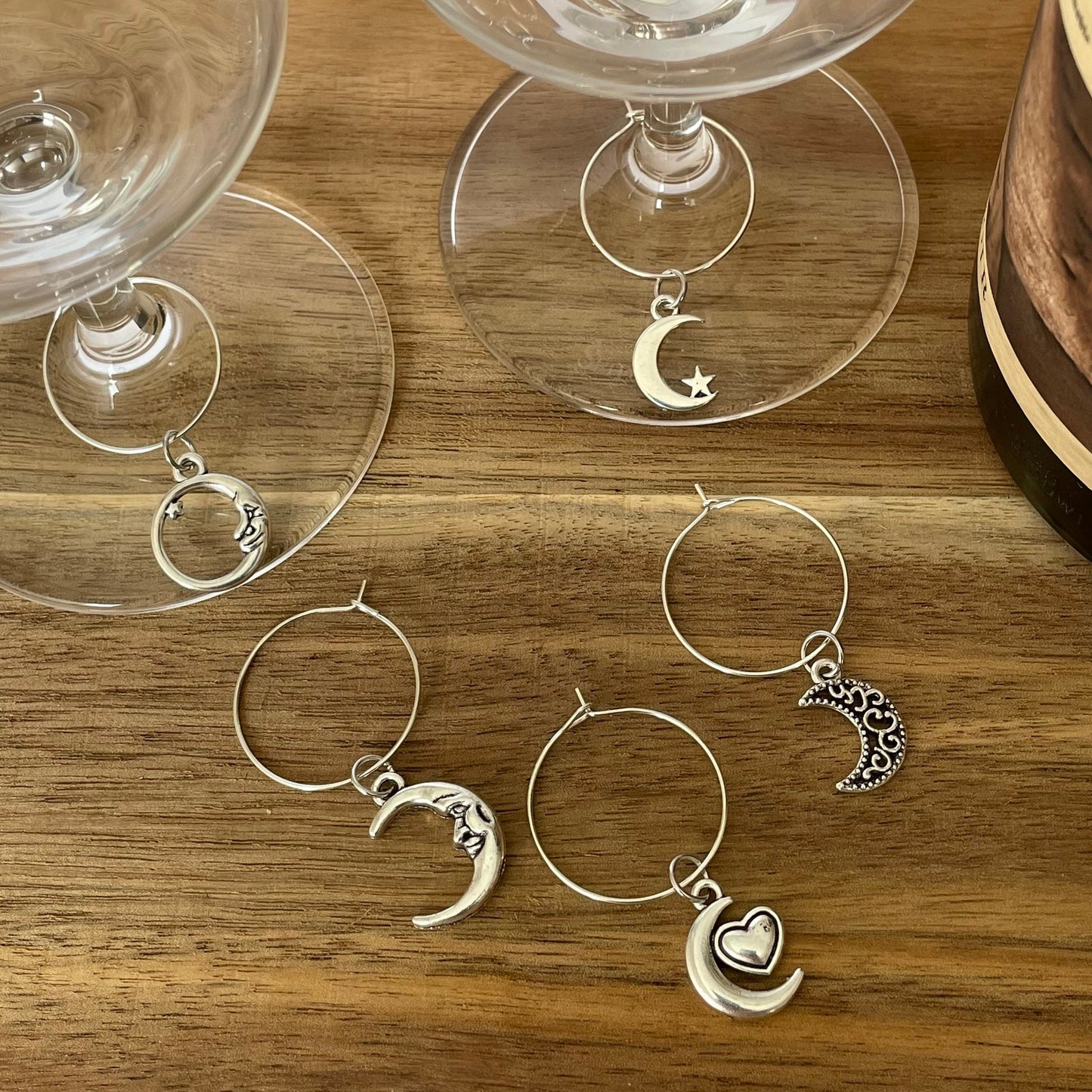 Silver 25mm Wine Glass Charm Rings with Silver Charms