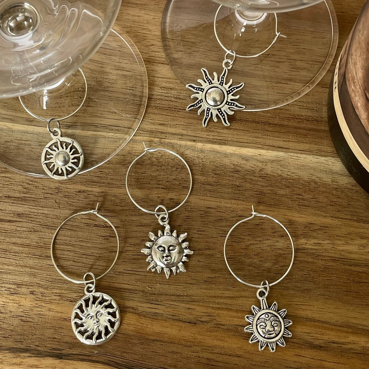 Silver 25mm Wine Glass Charm Rings with Silver Charms