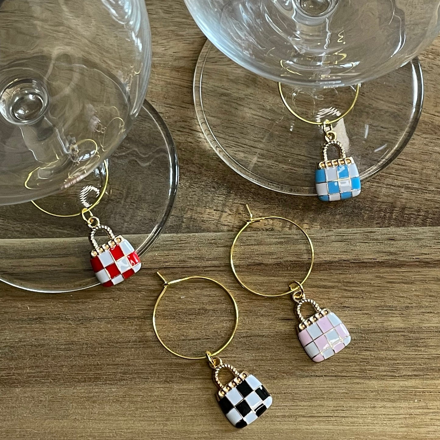 4 Pack Gold 25mm Wine Glass Charm Rings with Enamel Charms