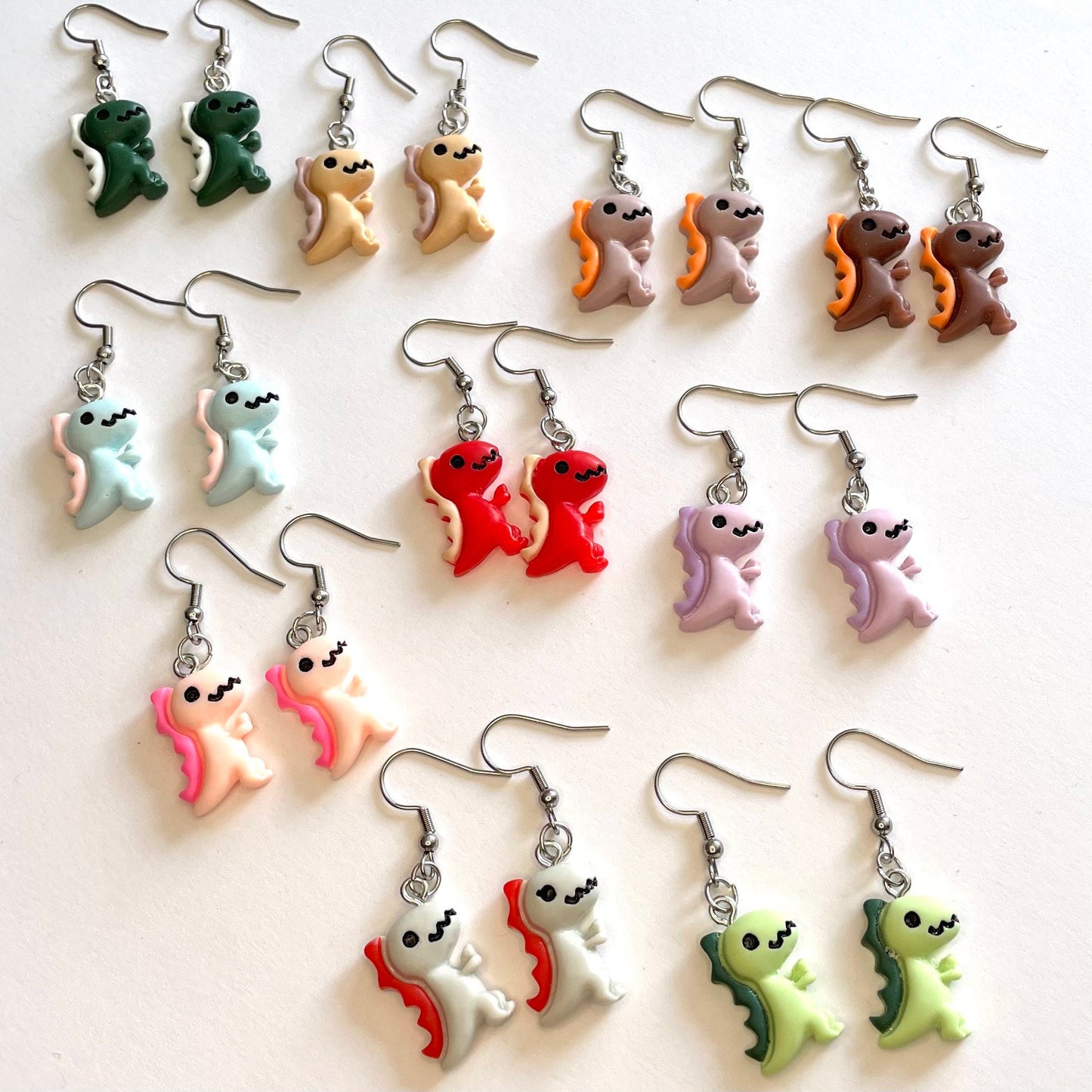 Dinosaur Resin Silver Hook Earrings with Ball and Coil 18mm