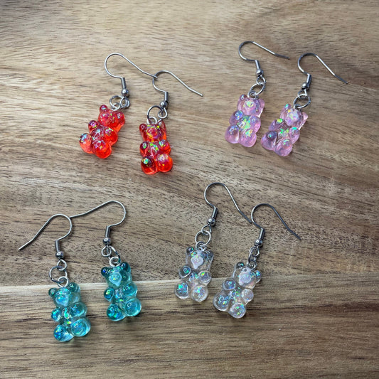 Silver Resin Gummy Bear Hook Earrings with Ball and Coil 18mm
