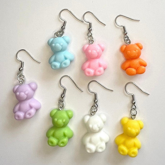 Bear Resin Silver Hook Earrings with Ball and Coil 18mm