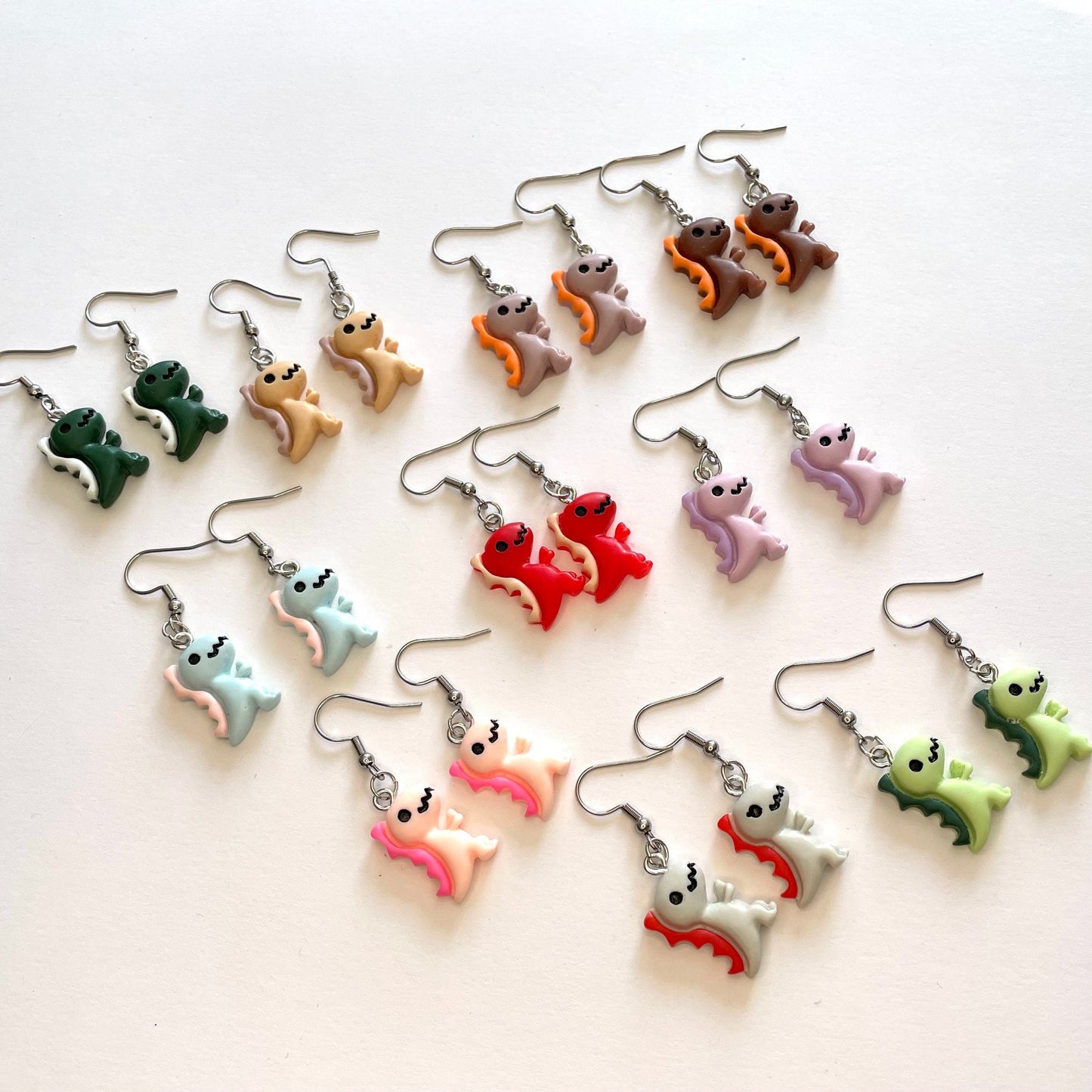 Dinosaur Resin Silver Hook Earrings with Ball and Coil 18mm
