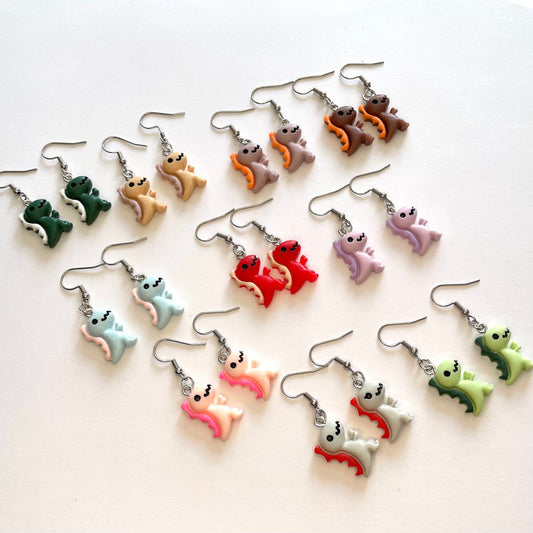 Dinosaur Resin Silver Hook Earrings with Ball and Coil 18mm