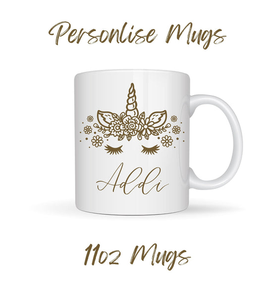 Unicorn Personalized White Ceramic Mugs 11oz, present for child or adult, personalised mugs, coffee mug, tea cup, unicorns, flowers, magical