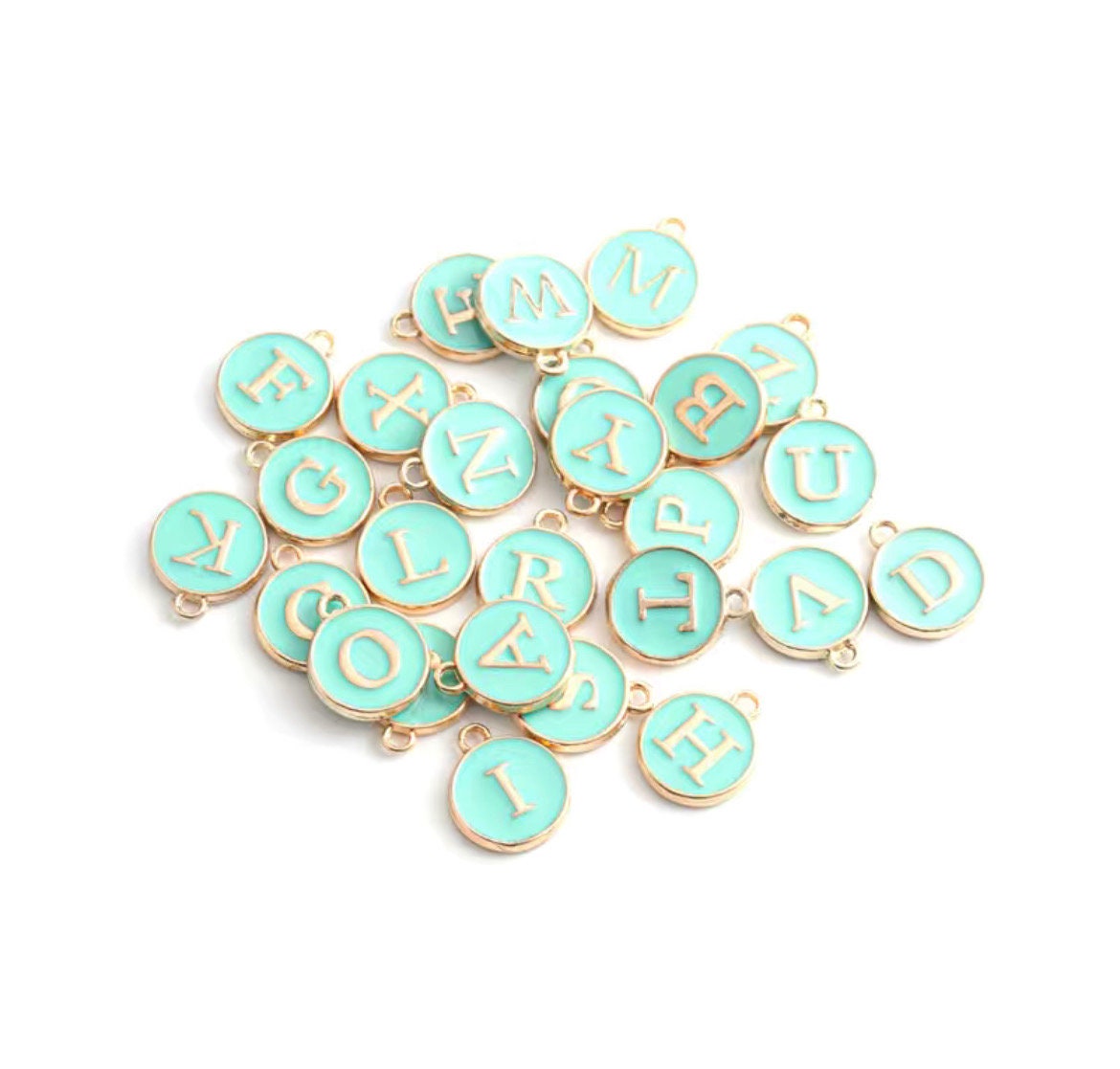 Teal Individual Gold 20mm Wine Glass Charm Rings with Alphabet Charm