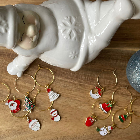 Christmas Gold 25mm Wine Glass Charm Rings with Enamel Gold Charms