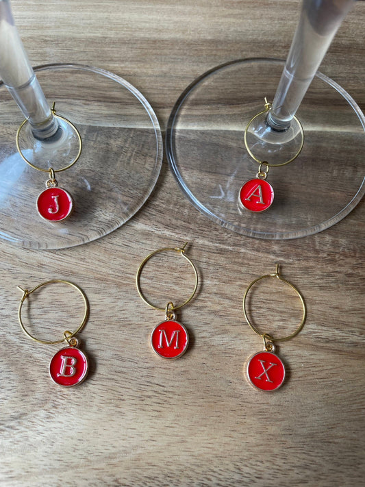 RED Individual Gold 25mm Wine Glass Charm Rings with Alphabet Charm