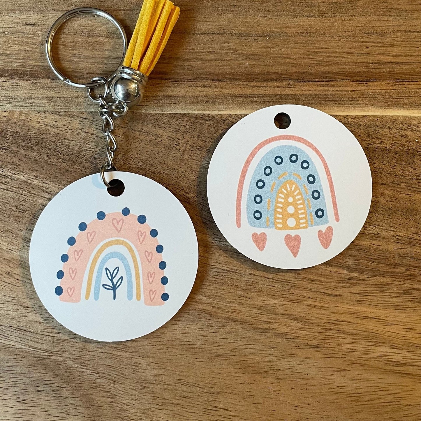 Personalised Double Sided Round Sublimated Silver Ring Keyring with Tassel, Rainbows, Alphabet, Keychain, First Letter of Name, Keys, Boho