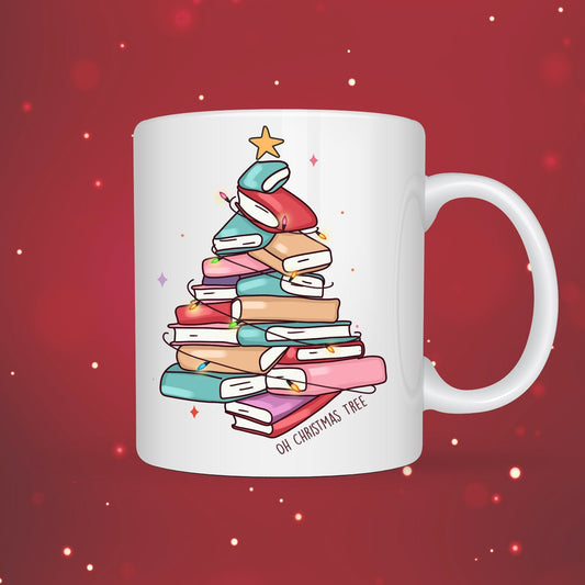 Christmas Tree Books Themed White Ceramic Mugs 11oz and 15oz