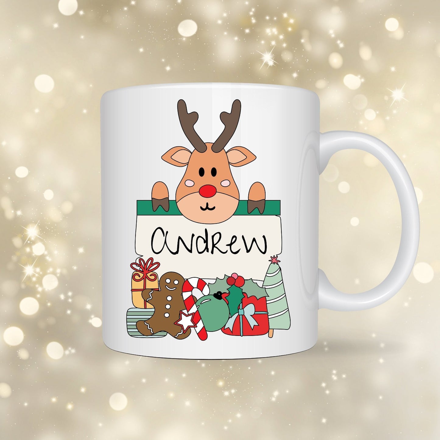 Christmas Themed White Ceramic Mugs 11oz or 15oz, personalise with name, reindeer, gingerbread man, boy or girl, baubles, present, gift