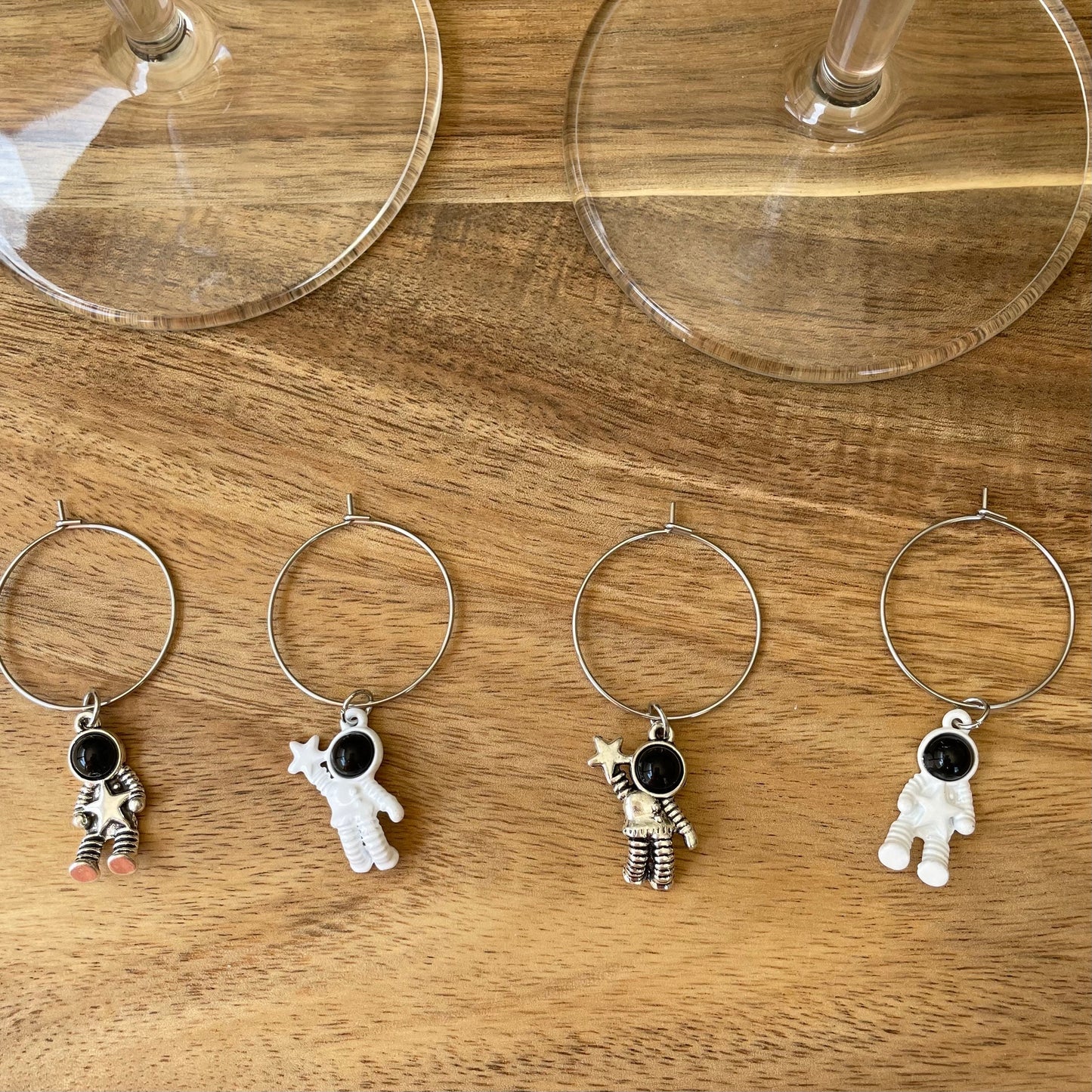 Astronaut Themed Gold or Silver 25mm Wine Glass Charm Rings with Charms