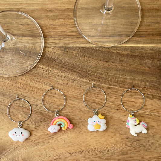 Rainbows and Unicorns Silver 25mm Wine Glass Charm Rings with Resin Charms