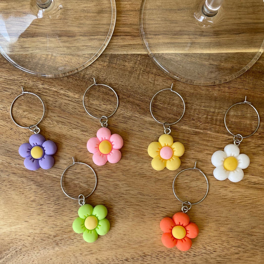 Individual Silver 20mm Wine Glass Charm Rings with Flower Charms