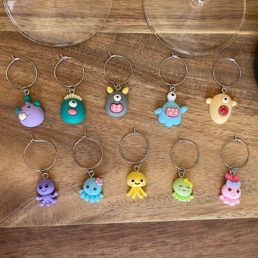 Individual Silver 20mm Wine Glass Charm Rings with Monster and Octopus Charms