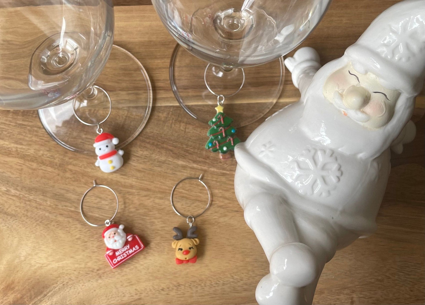 Set 2 Christmas Silver 25mm Wine Glass Charm Rings with Resin Charms