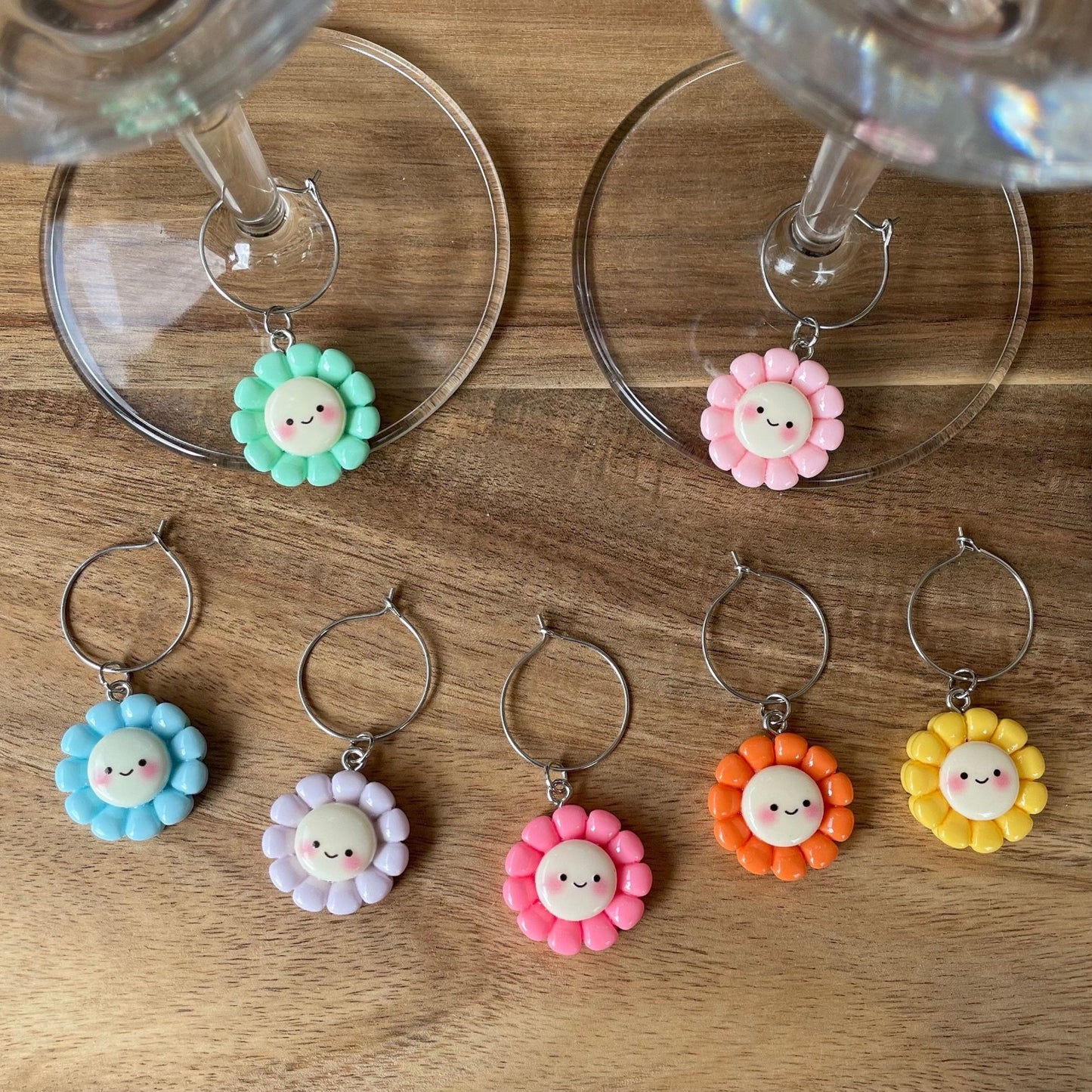 Individual Silver 20mm Wine Glass Charm Rings with Flowers with Face Charms