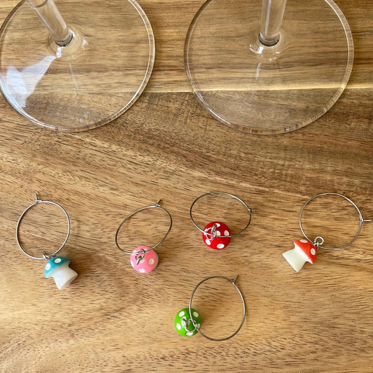 Mushroom Silver 25mm Wine Glass Charm Rings, Toadstool Charms