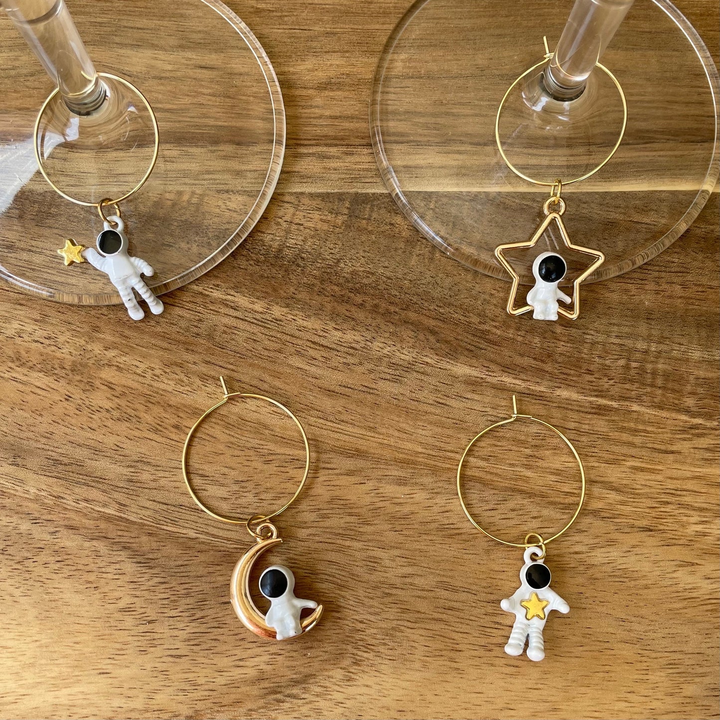 Astronaut Themed Gold or Silver 25mm Wine Glass Charm Rings with Charms