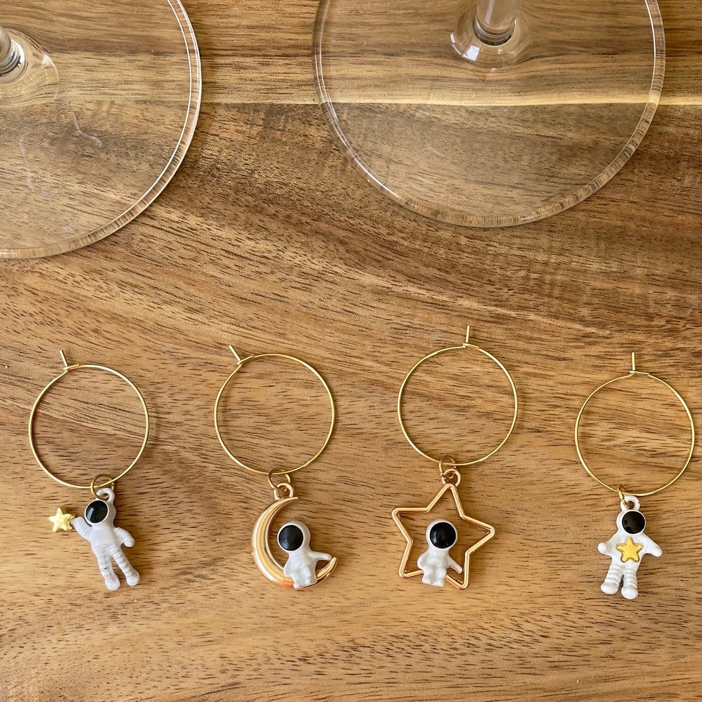 Astronaut Themed Gold or Silver 25mm Wine Glass Charm Rings with Charms