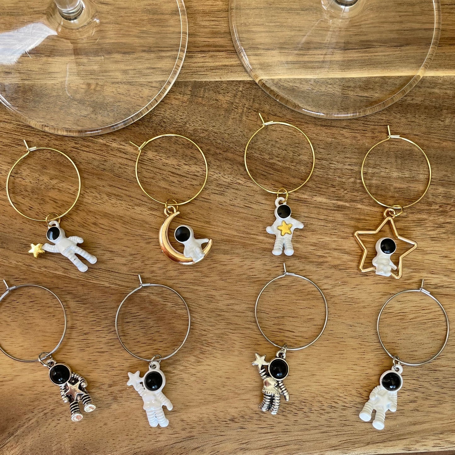 Astronaut Themed Gold or Silver 25mm Wine Glass Charm Rings with Charms