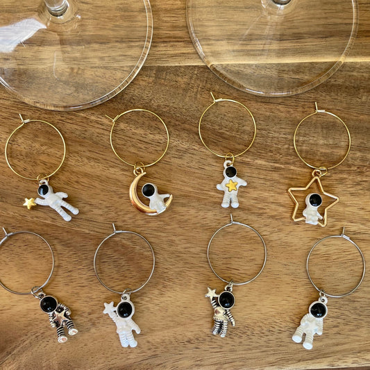 Astronaut Themed Gold or Silver 25mm Wine Glass Charm Rings with Charms