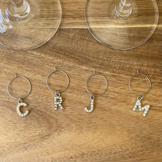 Individual Silver 20mm Wine Glass Charm Rings with Capital Letter Alphabet Rhinestone Charms