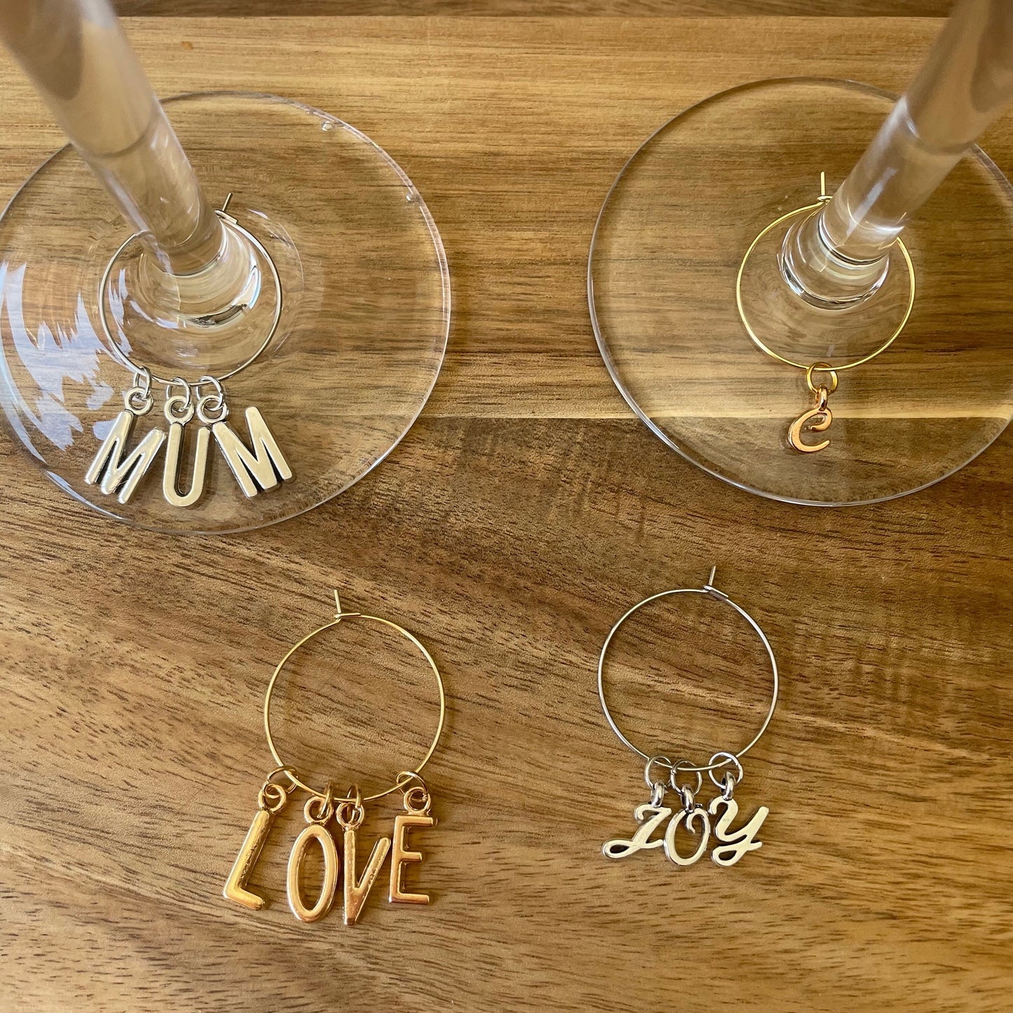Personalise Gold and Silver Alphabet Charm 25mm Wine Glass Charm Rings Cursive and Capital Letters